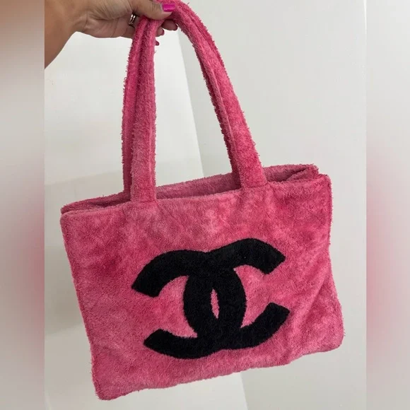 Vintage- CHANEL CC Towel Pink Terry Cloth - BEACH BAG - Picture 2 of 6